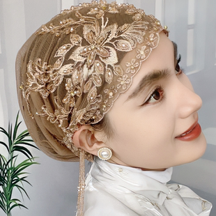 头巾帽女蕾丝流苏帽子包头帽子女款回帽子盖头纱巾遮发纯手工帽子