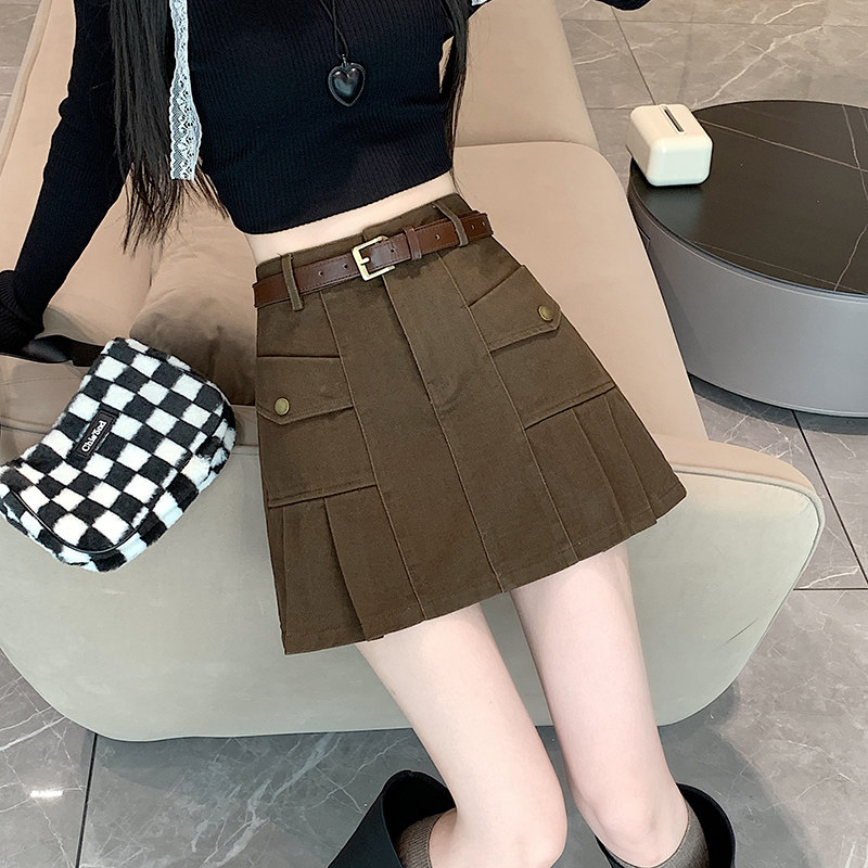卡其色工装百褶半身裙女