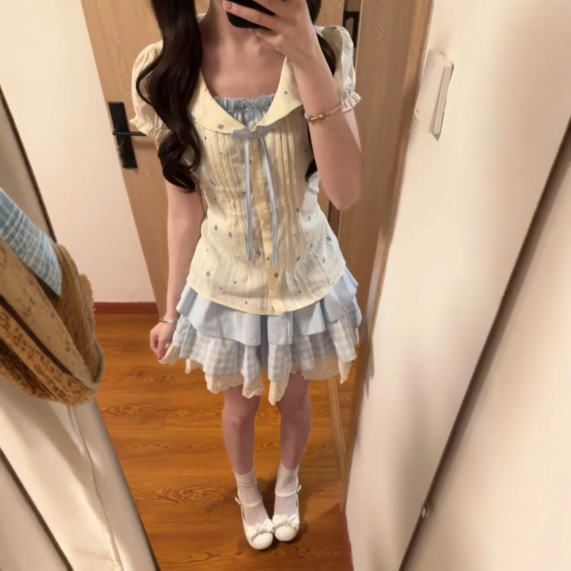 甜美风碎花假两件衬衫上
