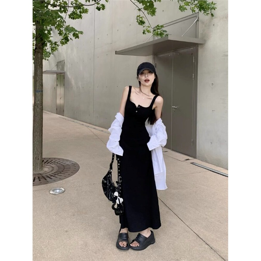 黑色纯欲针织背心吊带洋装女夏辣妹气质高级感收腰显瘦包臀长裙