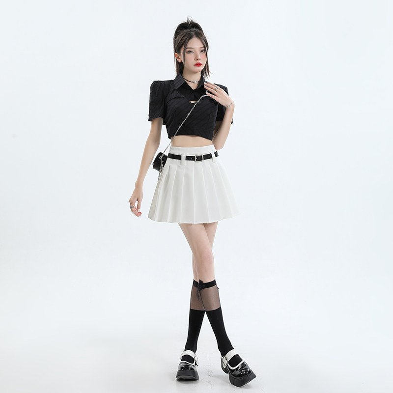 白色百褶裙女高腰休闲裙2