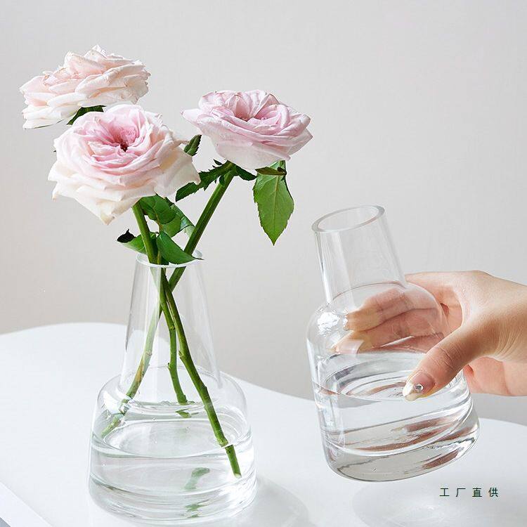 日式简约灯塔型小口玻璃花瓶透明水培鲜花高级感客厅餐桌插花摆件