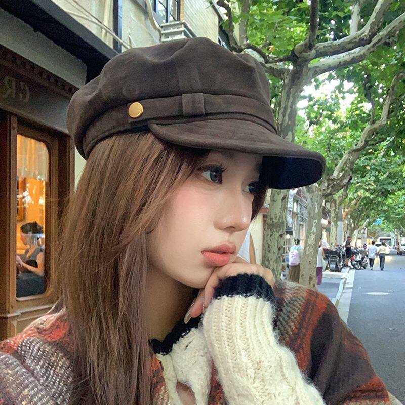 入秋氛围感美拉德~棕色麂皮平顶报童帽女秋冬复古英伦八角画家帽
