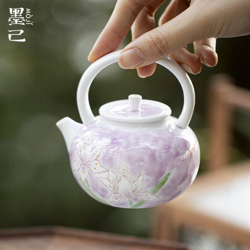 墨己玉泥手绘墨染百合提梁壶功夫茶具家用球孔过滤家用泡茶小茶壶