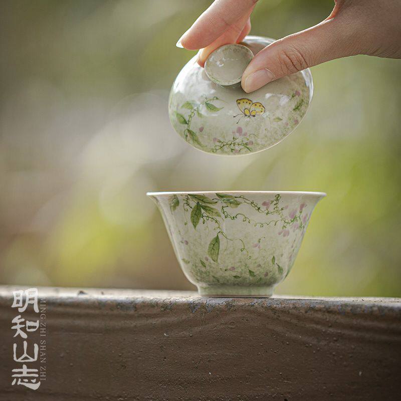 明知山志 青玉案盛夏风华凡灵盖碗 仿古手绘陶瓷盖碗功夫茶具茶碗