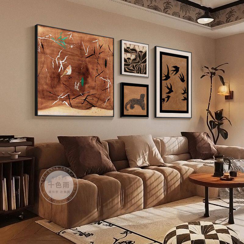 法式中古风客厅装饰画简约沙发背景墙挂画复古感组合壁画四联