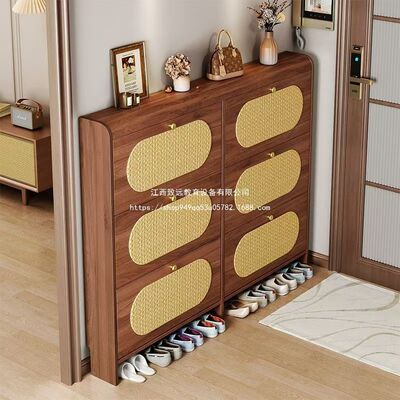 中古风鞋柜家用门口进门靠墙楼道走廊大容量实木色小鞋架人造板