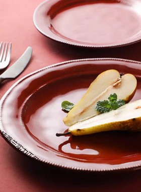 复古风红色平盘浅盘子陶瓷牛排盘西餐盘家用大号菜盘创意餐盘