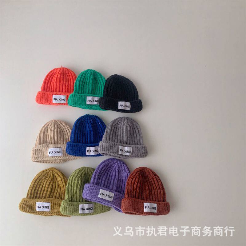 ins韩版百搭秋冬穿搭针织帽 儿童瓜皮卷边毛线帽宝宝套头布标潮帽