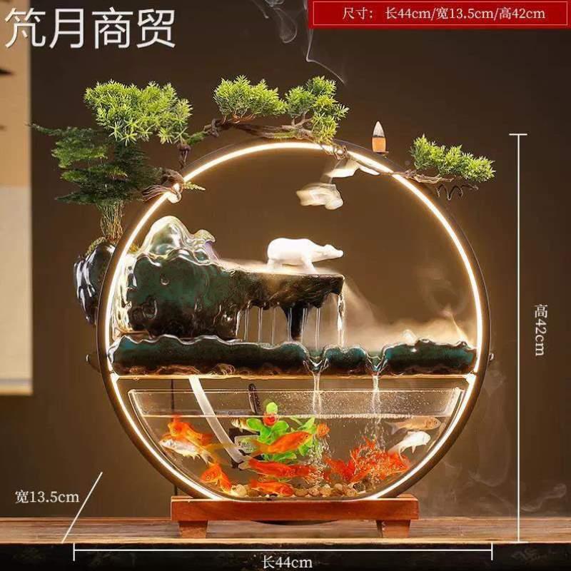 流水式观招财}桌面鱼缸水QJL循环喷公泉中礼办室转景运生财摆件开