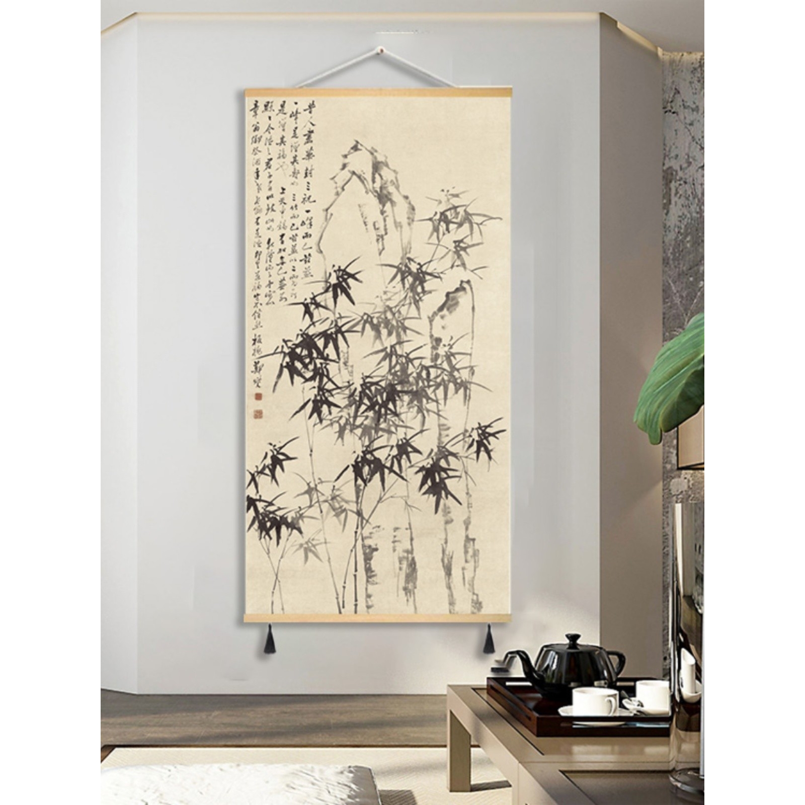 新中式国画仿古画书房客厅玄关办公室装饰画竖版免打孔布艺挂画