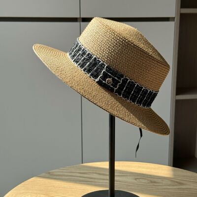 法式平顶草帽女夏季出游防晒显脸小礼帽女休闲海边沙滩防晒太阳帽