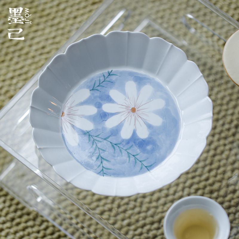 墨己墨染蓝色日式花朵陶瓷壶承功夫茶具配件家用干泡盘多用茶点盘