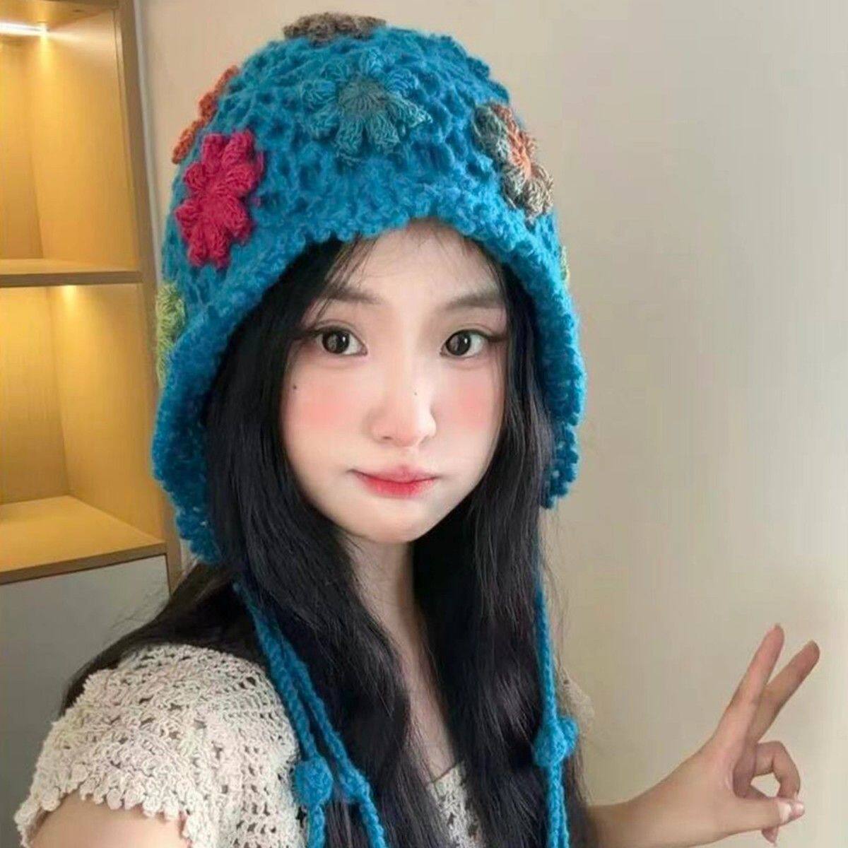 秋冬新款韩版彩色民族风手工镂空花朵针织帽女复古时尚保暖护耳帽