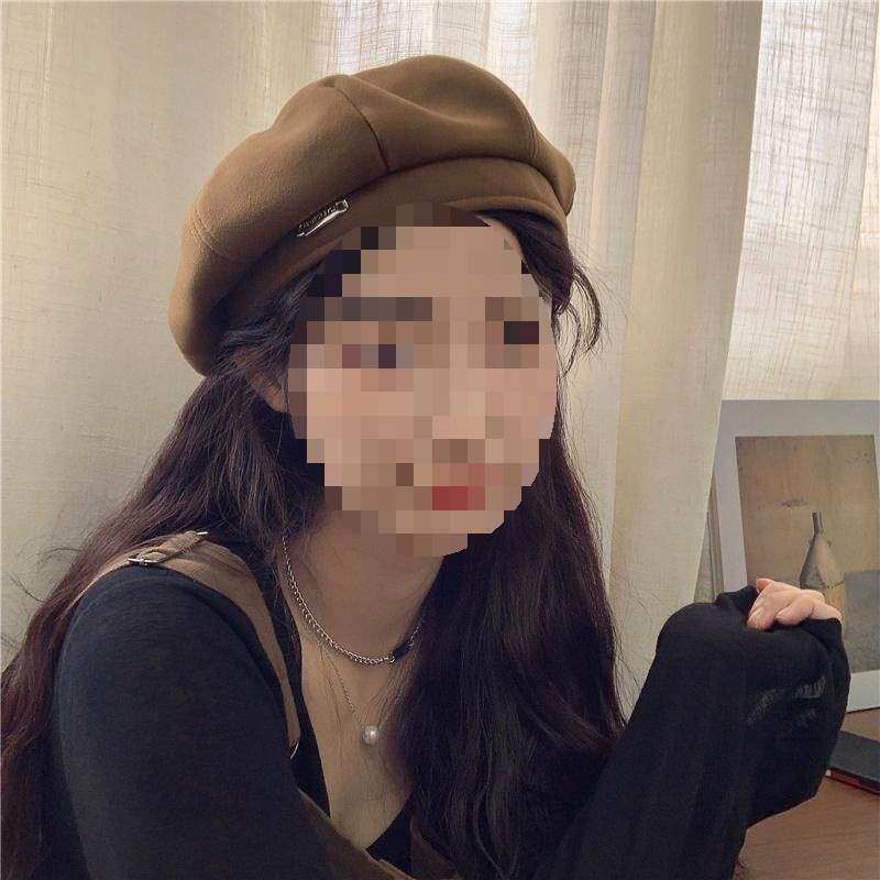 贝雷帽女日系秋冬新款毛呢棕色复古金属贴片时髦百搭网红八角帽潮