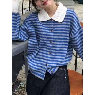 2025秋季新款复古撞色条纹女式毛衣休闲Polo领针织开衫上衣百搭款