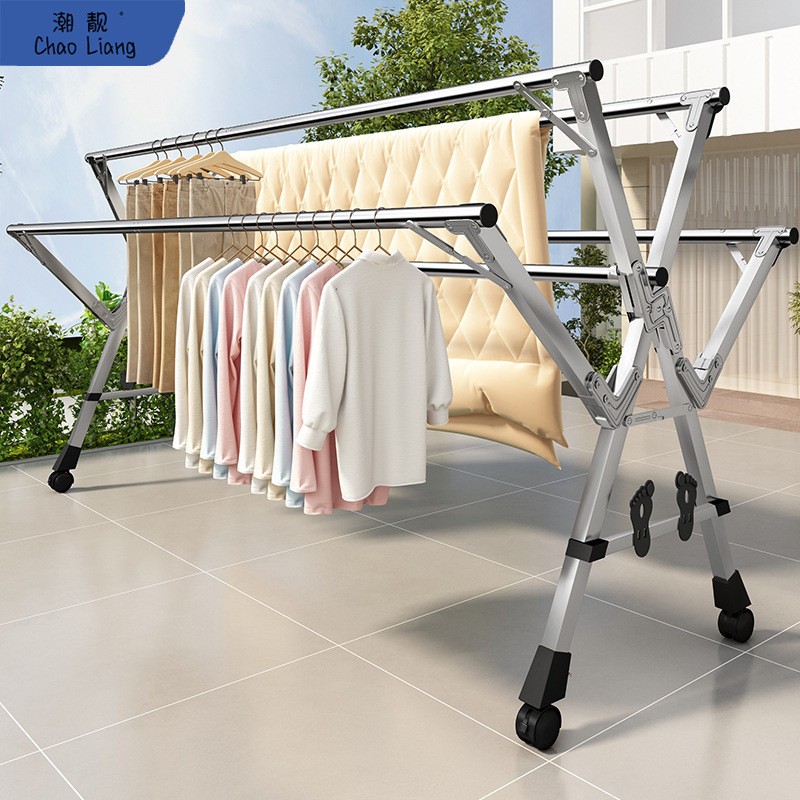 晾衣架落地折叠家用室内阳台不锈钢凉晒衣架伸缩晾衣杆晒被子神器