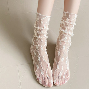 薄款 甜美黑白色蕾丝袜子女夏季 玛丽珍网纱堆堆袜甜美Lolita中筒袜