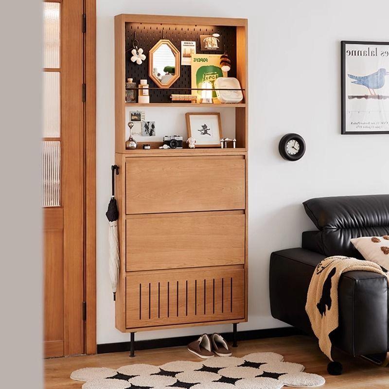日式实木鞋柜实木小户型超薄鞋柜翻斗北欧鞋架日式胡桃木家用门口