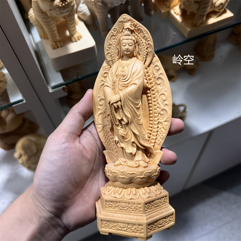 桧木崖柏木雕背光念珠观音菩萨佛像摆件客厅家用站莲观世音工艺品