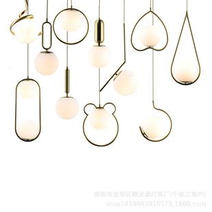 创意卧室床头灯网红后现代简约餐厅灯单头轻奢铜本色奶白玻璃吊灯