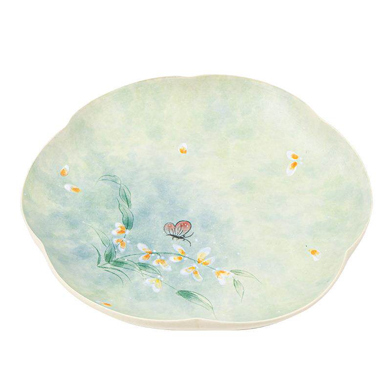 手绘文心兰陶瓷壶承中式田园风茶承茶壶盖碗底座茶点盘果盘两用