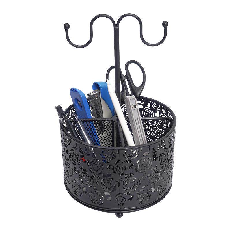 金属圆形铁艺镂空桌面收纳桶办公室台面黑色金属收纳笔筒