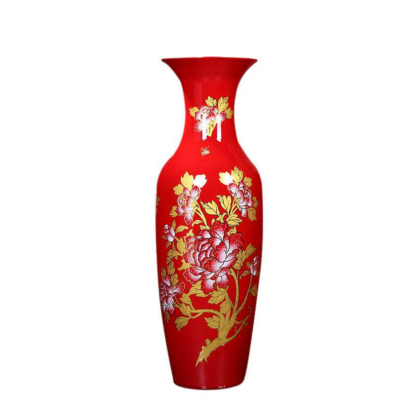 景德镇陶瓷器红色落地大花瓶酒店开业办公室中式客厅插花装饰摆件