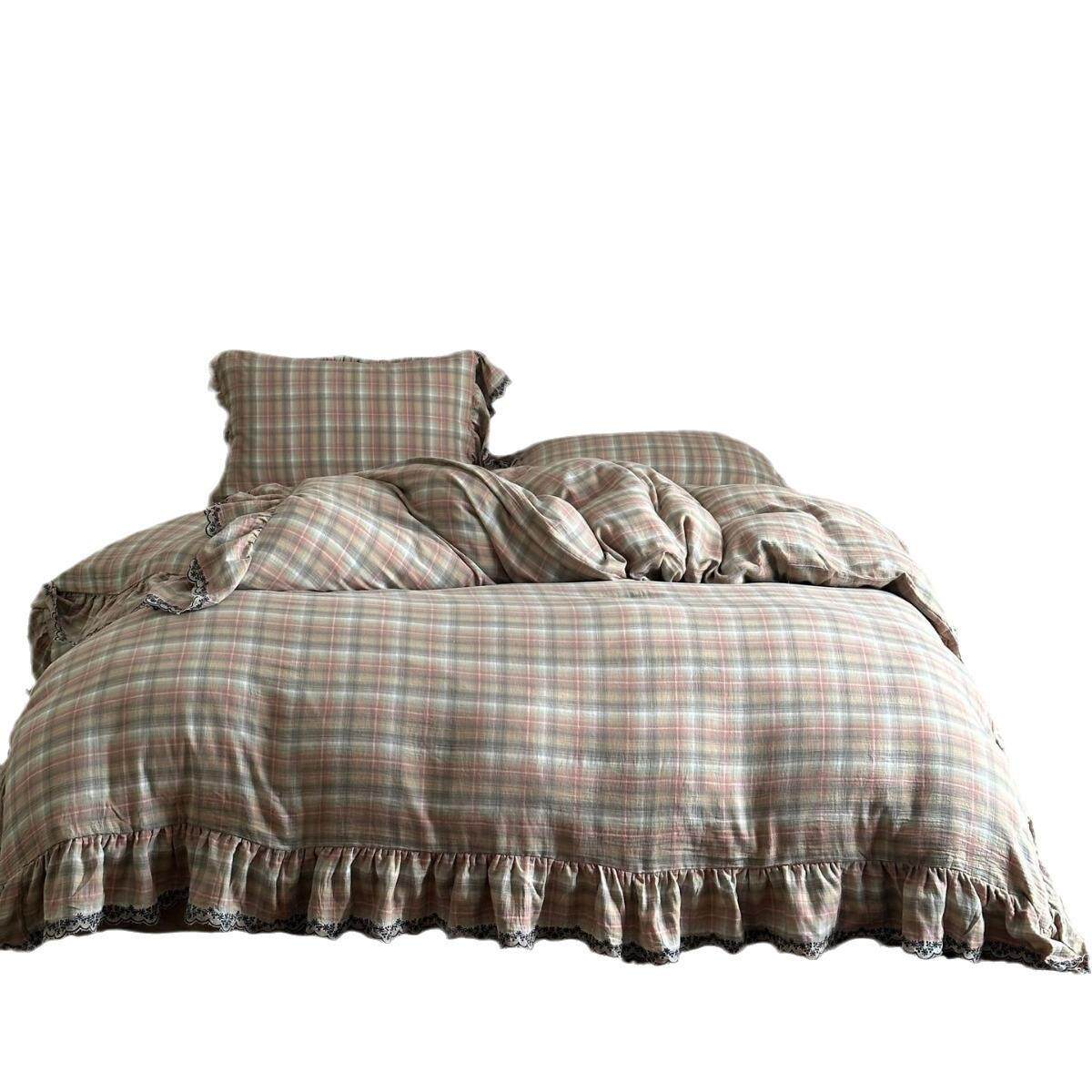 法式复古格子系色织双层纱四件套松式水洗花边柔软被套1.8m床品