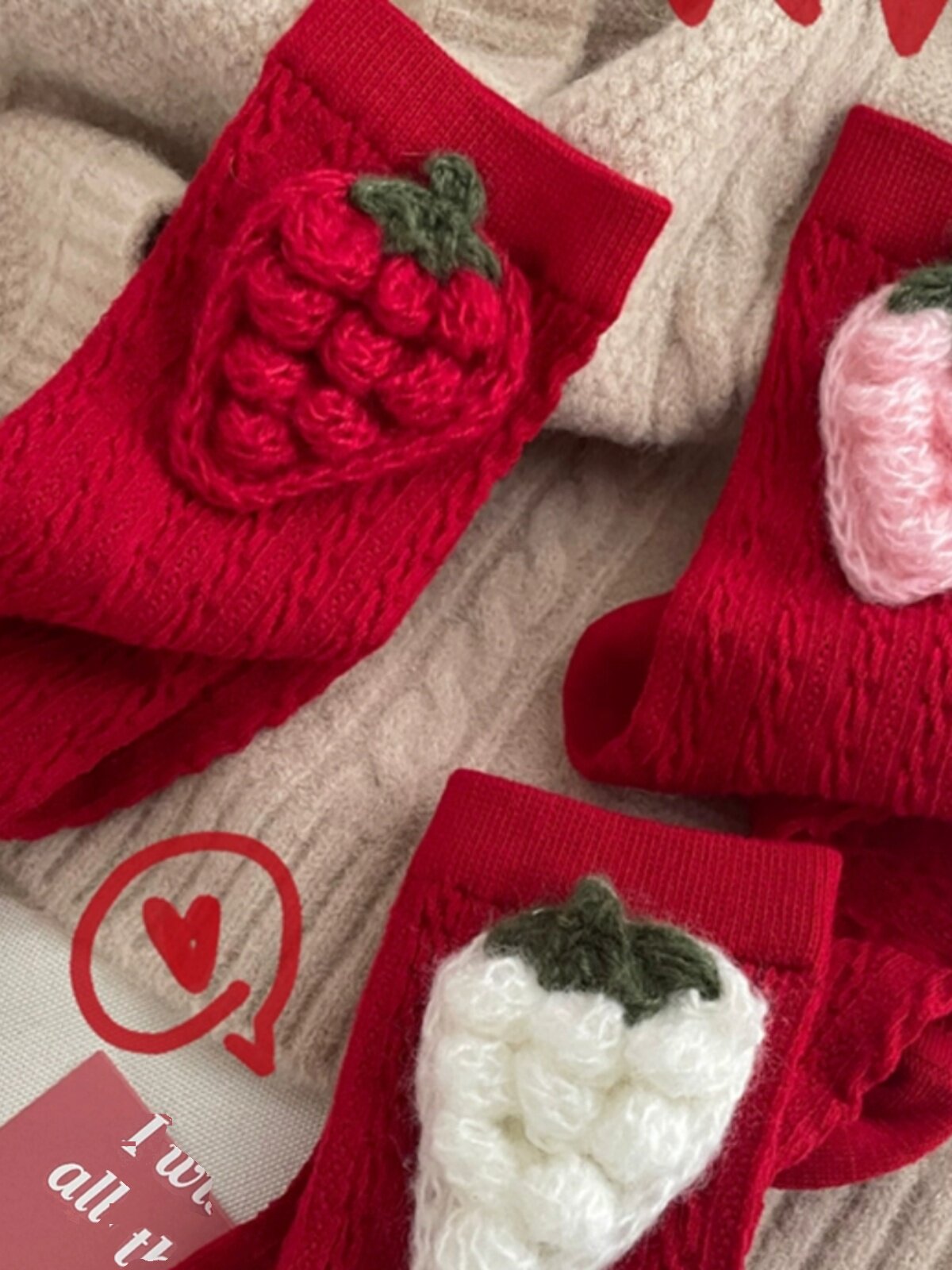 여성용 달콤한 레드 미드 종아리 양말 귀여운 딸기 리본 버건디 새해 동물의 해 인터넷 연예인 트렌드