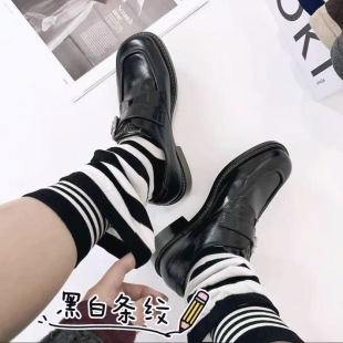 秋冬季 潮流外穿堆堆中筒袜子女 黑白色咖啡色条纹美拉德风韩式