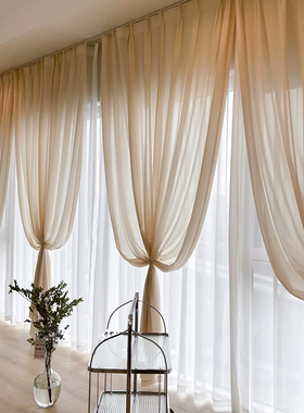 法式氛围高级感奶油纱金刚纱透光不透人防勾丝双层纱装饰纱帘窗帘
