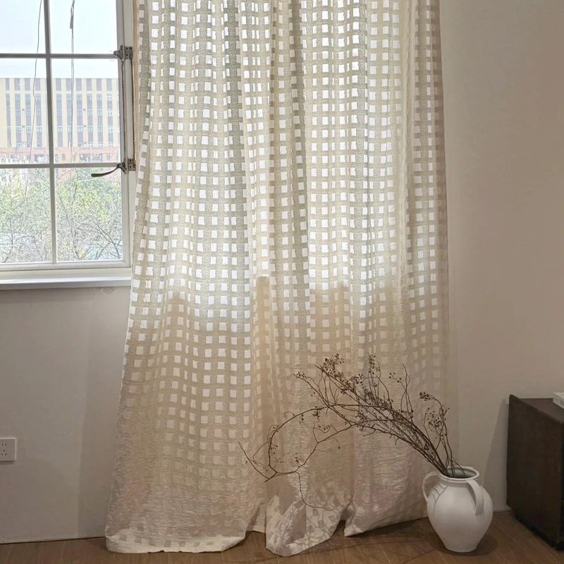 法式奶油亚麻方格纱中古风天然小众镂空氛围感格子棉布纱客厅窗帘