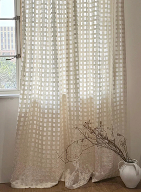 法式奶油亚麻方格纱中古风天然小众镂空氛围感格子棉布纱客厅窗帘