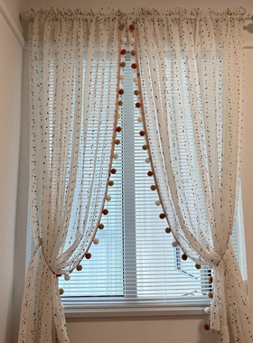彩虹糖豆毛球边窗帘棉麻纱ins风纱帘透光不透人儿童房少女心可爱