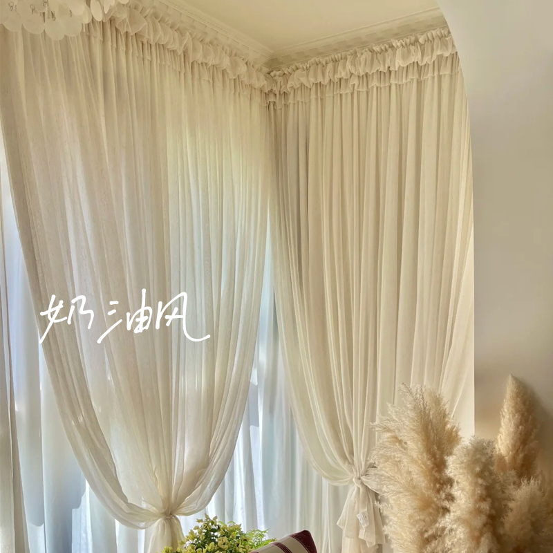 法式极简风奶油风纱帘透光不透人中古风酒店阳台定制窗纱亚麻纱帘