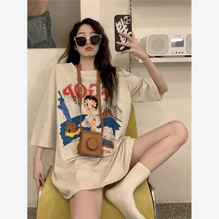 vintage美式 宽松显瘦ins小众设计感上衣潮 复古t恤女大码 纯棉短袖