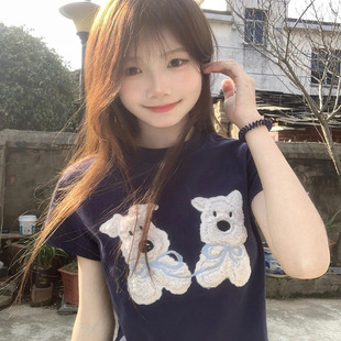 美式 设计感小众正肩纯棉潮牌上衣 刺绣小狗贴布短袖 t恤女2025新款