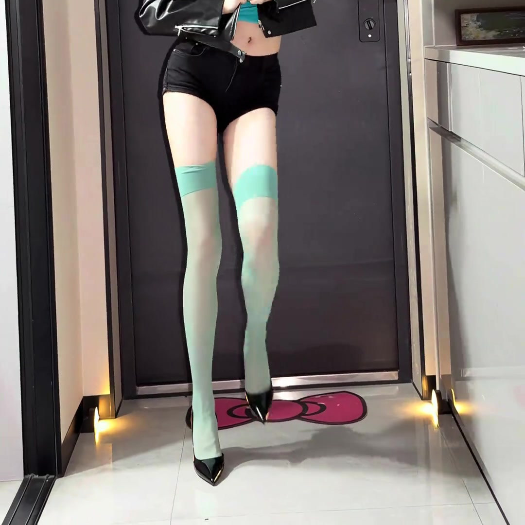 薄荷绿高筒袜女薄款美腿过膝袜丝光质感显瘦长筒袜高腰连裤袜优雅