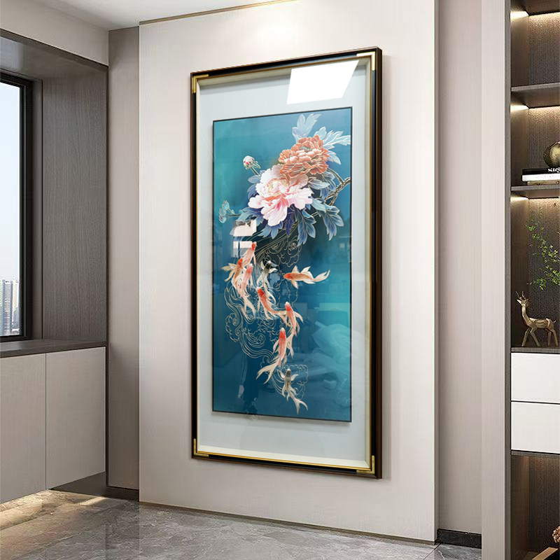 铜雕入户玄关装饰画牡丹九鱼图铜雕画中式高端墙面挂画轻奢铜雕画