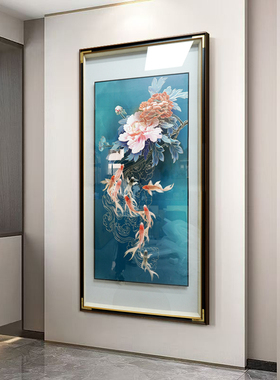 中式铜雕玄关装饰画 牡丹九鱼图铜雕画 轻奢墙面挂画 高级铜雕装