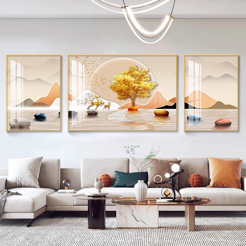 现代轻奢客厅装饰画简约大气山水三联壁画沙发背景墙背有靠山挂画,家居饰品,现代装饰画,淘宝优惠券,粉丝福利购,淘宝优惠卷