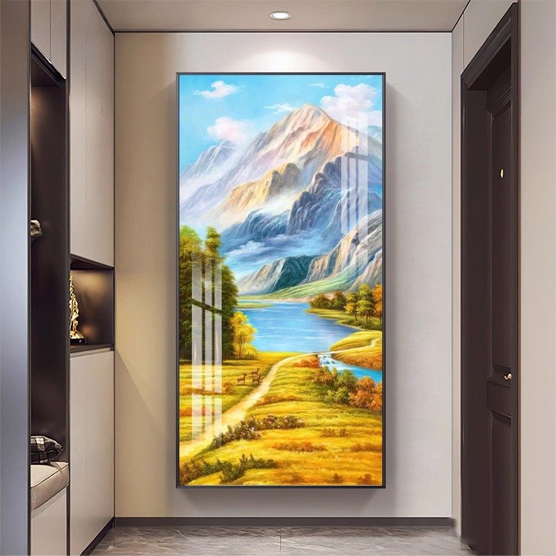 入户玄关风景装饰画油画风格竖版挂画富水金山聚宝盆走廊过道壁画