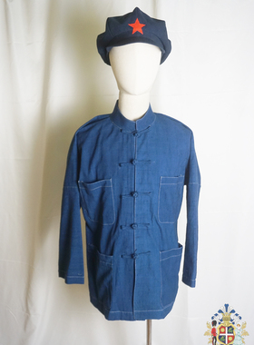 工农红军早期靛蓝色手工草木染棉麻土布面料中式盘扣通肩制服