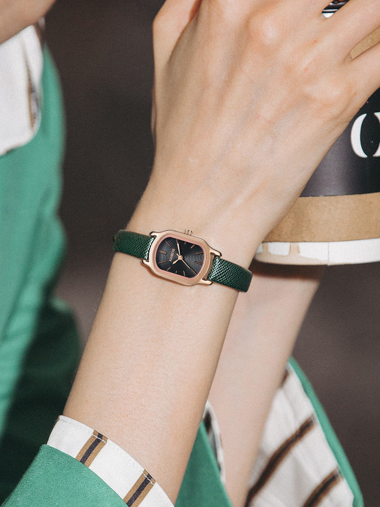 kishine小绿表手表女简约气质皮带ins风复古小方盘百搭 学生 防水