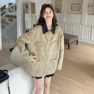 实拍牛仔外套女春秋2025新款 夹克 拼接Polo皮领休闲巴恩风长袖 工装