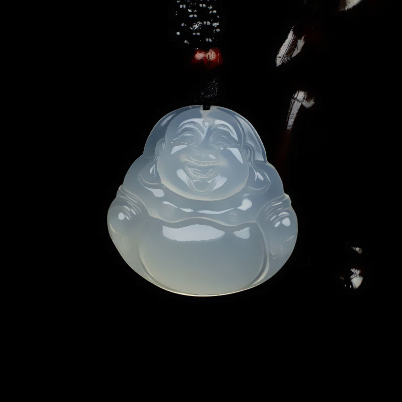 天然真品澳洲冰种玉髓弥勒佛吊坠女款玉项链玉佛玉坠玉挂件带证