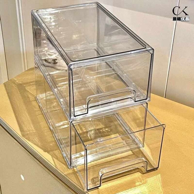抽屉式收纳盒桌面多层透明亚克力化妆品整理桌上防尘可叠加放杂物