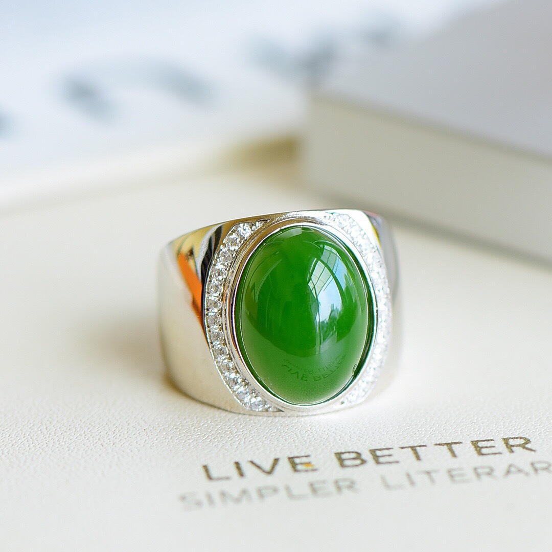 s925银镶天然和田玉碧玉椭圆蛋面戒指大号个性气质男女款指环手饰