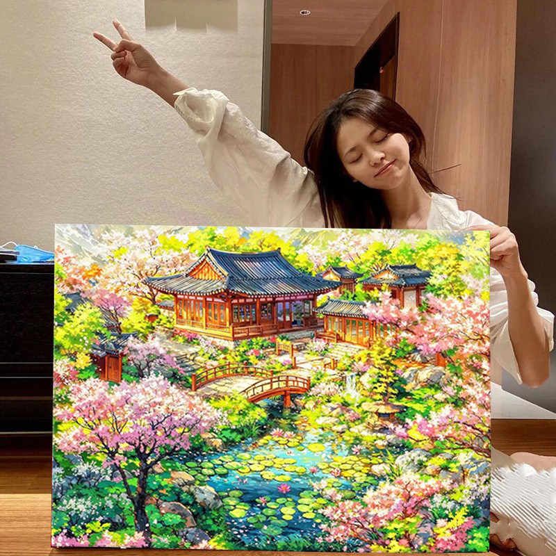 春夏秋冬数字油画手工diy填充绘色中国风丙烯油彩装饰画画治愈系